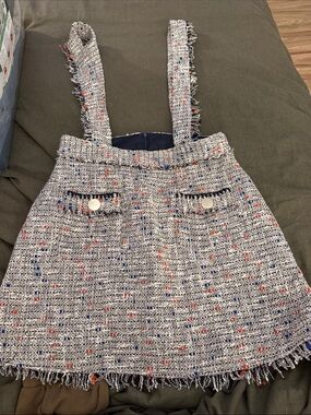 Zara Basic Tweed Suspender Skirt in Cream with Blue and Red Accents